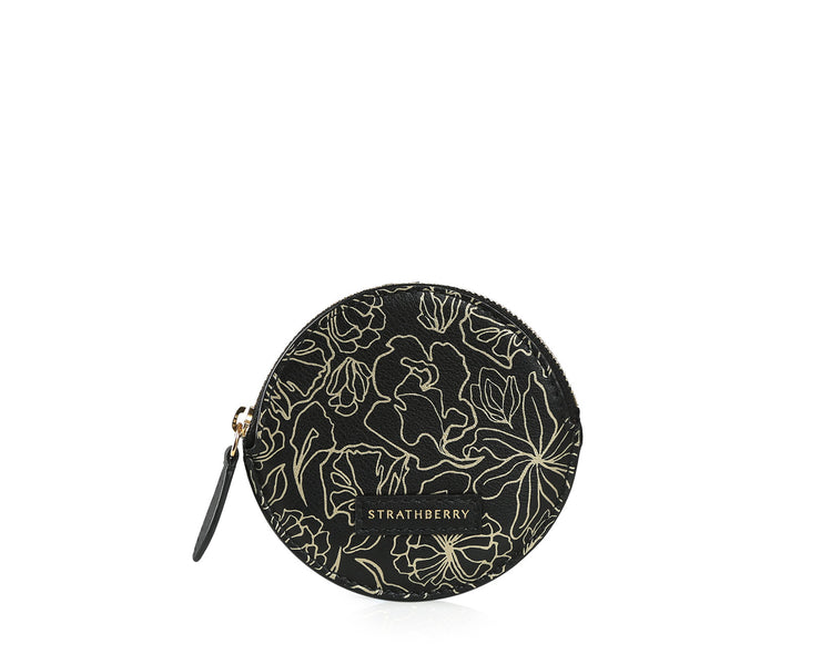 Round Coin Purse - Black with Gold Print