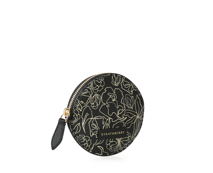 Round Coin Purse - Black with Gold Print