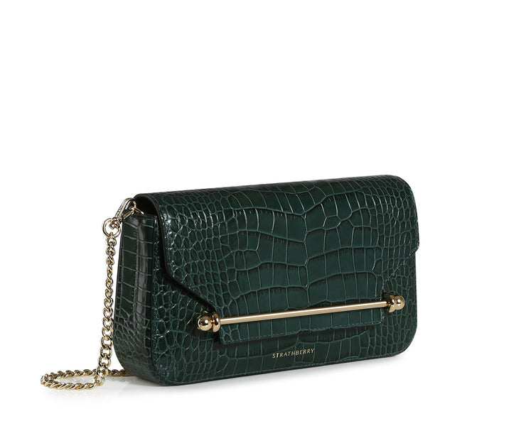 East/West Baguette - Embossed Leather Bottle Green