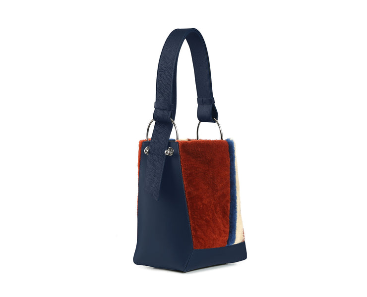 Lana Midi Bucket Bag - Shearling Navy with Silver Hardware