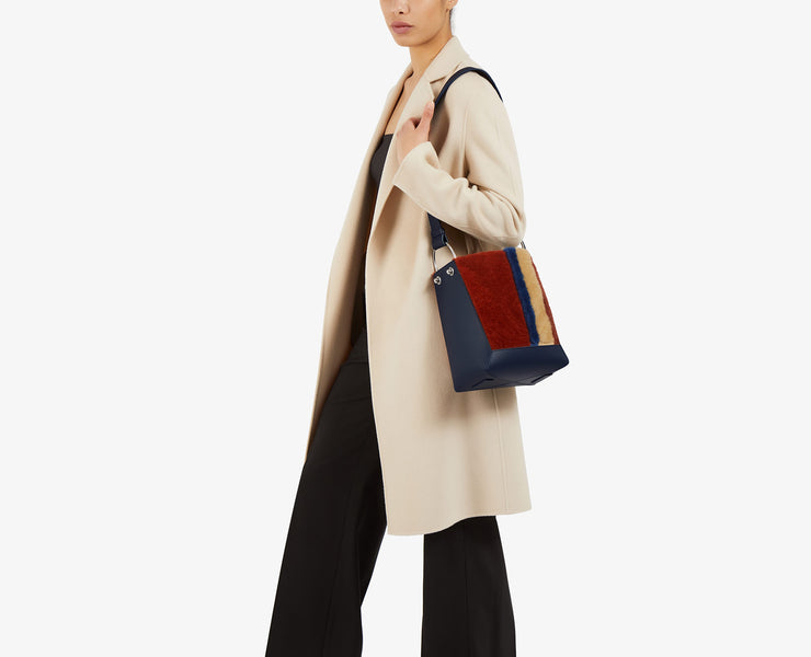 Lana Midi Bucket Bag - Shearling Navy with Silver Hardware