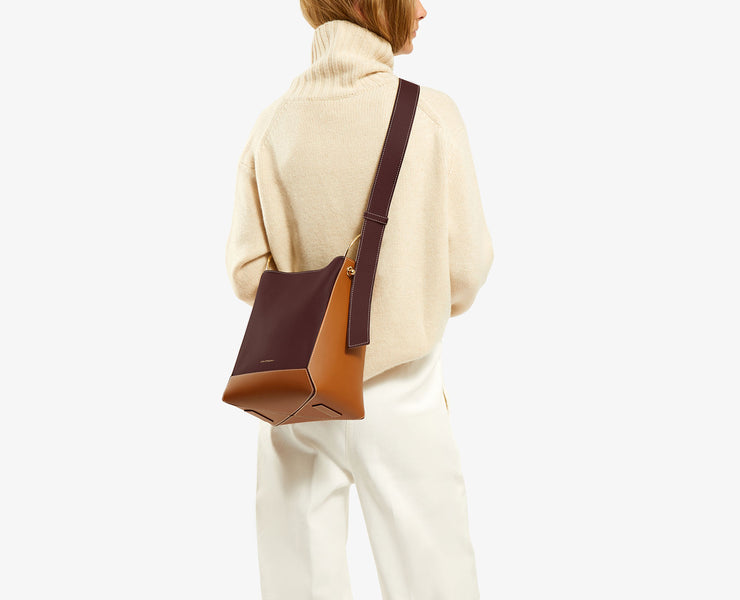 Lana Midi Bucket Bag - Tan/Burgundy