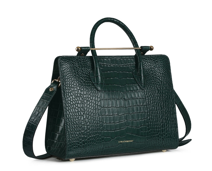 The Strathberry Midi Tote - Embossed Croc Bottle Green