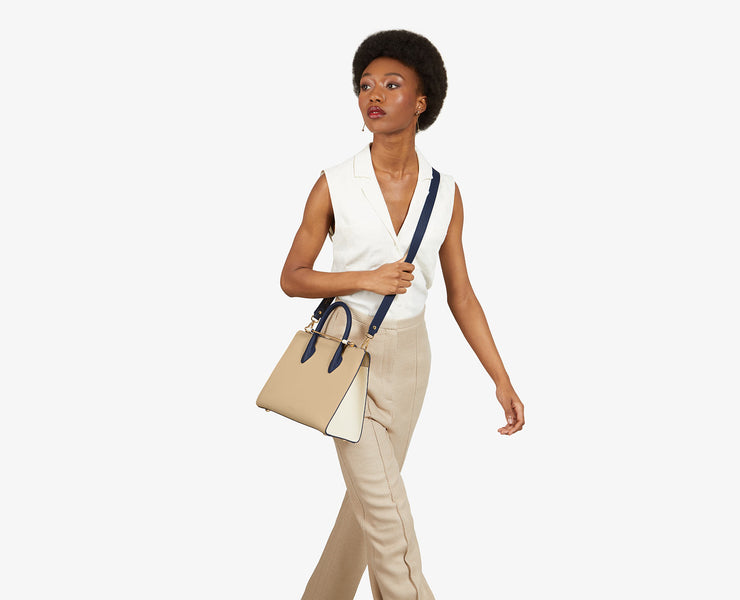 The Strathberry Midi Tote - Latte/Vanilla/Navy