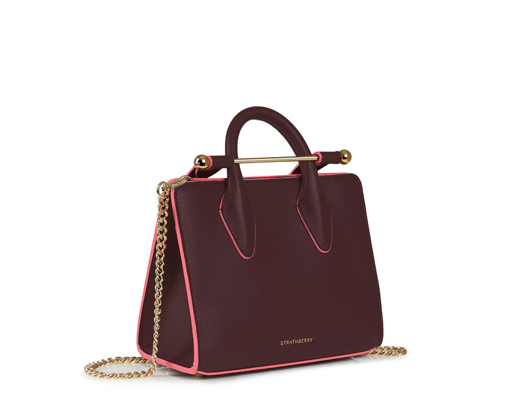 The Strathberry Nano Tote - Burgundy with Lollipop Edge