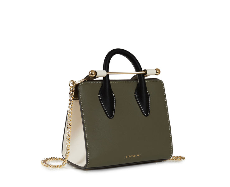 The Strathberry Nano Tote - Forest/Vanilla/Black