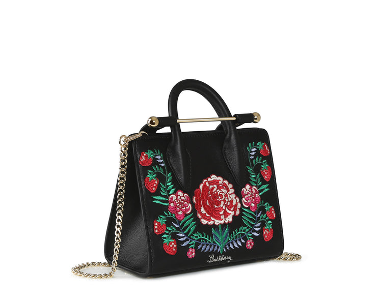 The Strathberry Nano Tote - Black Floral Embroidery