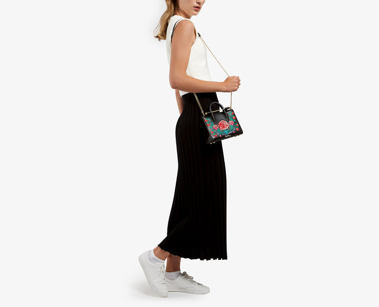 The Strathberry Nano Tote - Black Floral Embroidery
