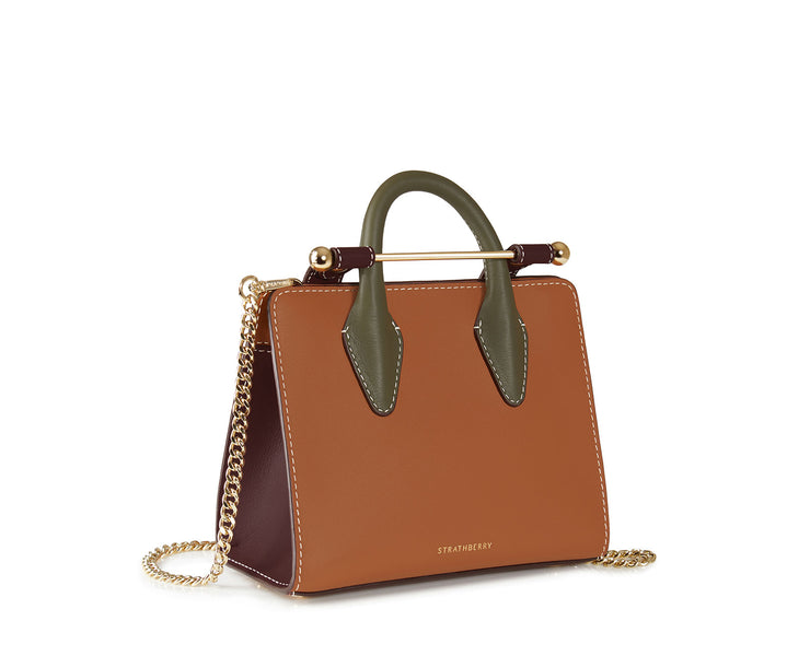 The Strathberry Nano Tote - Tan/Burgundy/Forest