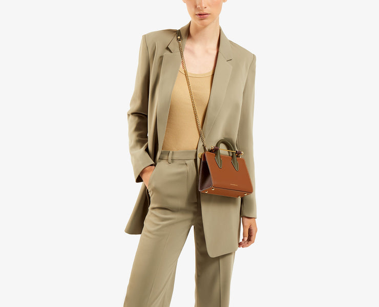 The Strathberry Nano Tote - Tan/Burgundy/Forest