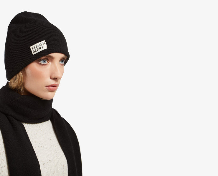 Cashmere Ribbed Beanie - Black