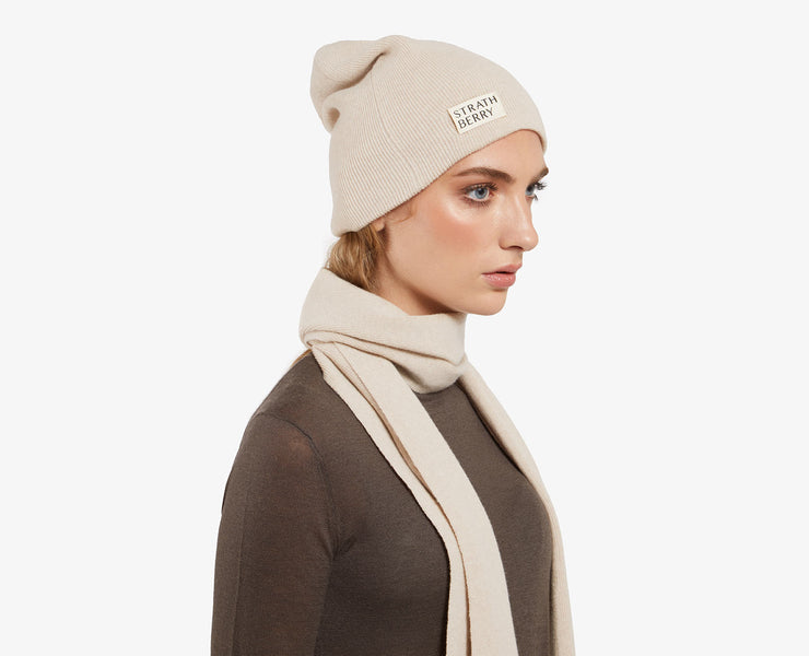 Cashmere Ribbed Beanie - Latte