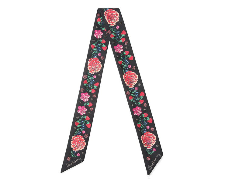 Silk Skinny Scarf - Black Floral Print