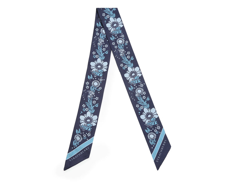 Silk Skinny Scarf - Loch Print Navy