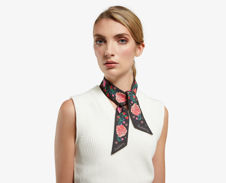 Silk Skinny Scarf - Black Floral Print
