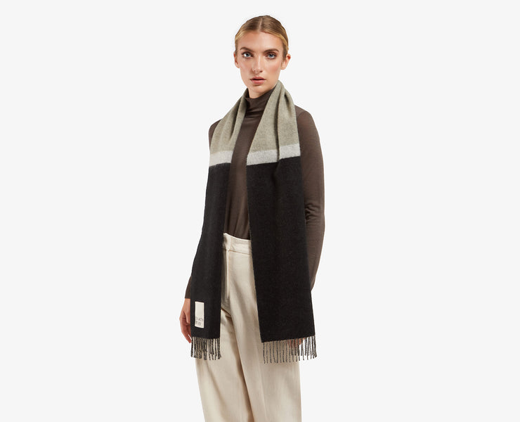 Wool Cashmere Stripe Scarf - Black/Latte/Vanilla