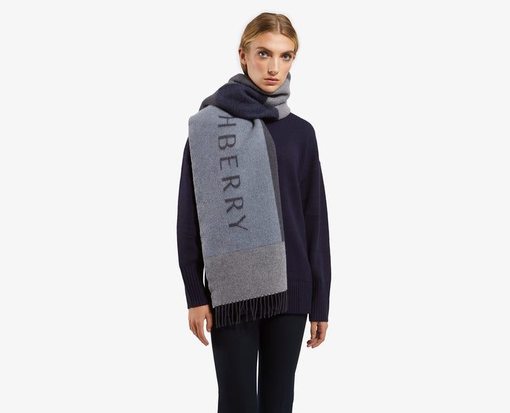 Wool Cashmere Colour Block Scarf - Navy