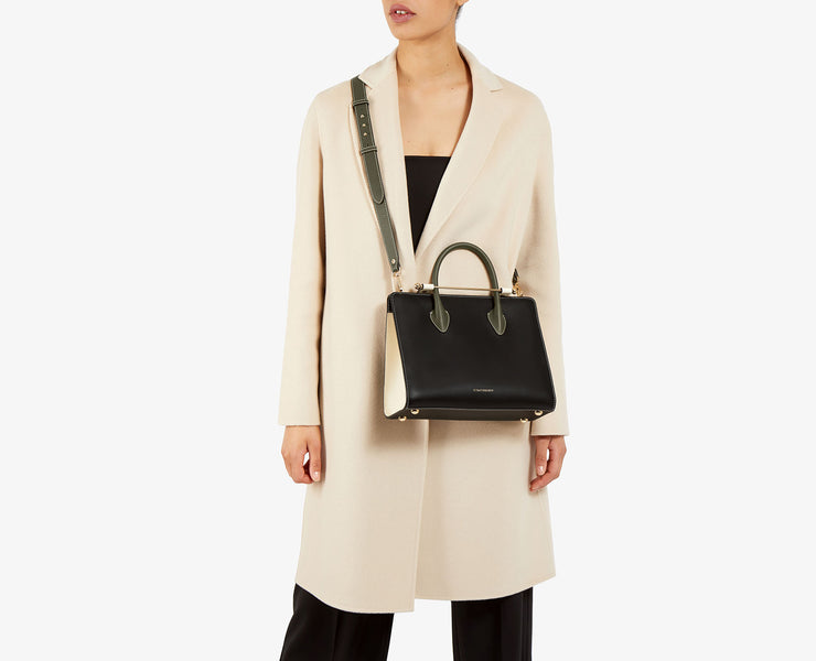 The Strathberry Midi Tote - Black/Forest/Vanilla with Vanilla Charm