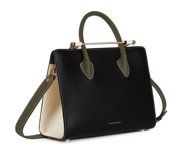 The Strathberry Midi Tote - Black/Forest/Vanilla with Vanilla Charm
