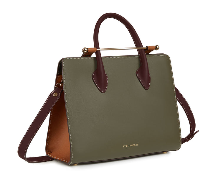 The Strathberry Midi Tote - Forest/Tan/Burgundy with Tan Charm