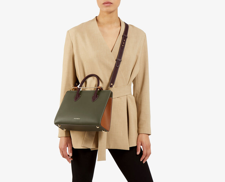 The Strathberry Midi Tote - Forest/Tan/Burgundy with Tan Charm