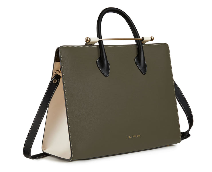 The Strathberry Tote - Forest/Vanilla/Black with Vanilla Charm